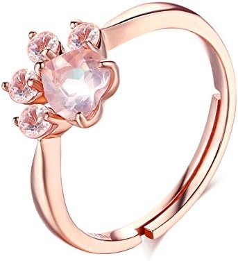 ANGGO Adjustable Crystal Ring/Pendant Necklace/Stud Earrings, Cute Meow Cat Paw 925 terling Silver + Rose Pink Crysta Cat Statement Ring Necklace Earrings for Cat Lovers (Ring)