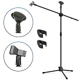 Microphone Stand, Kasonic Adjustable Tripod Boom Mic Stands with 2 Mic Clip Holders; Professional Collapsible for Performance, Karaoke Singing, Speech, Wedding, Stage and Outdoor Activity - Black
