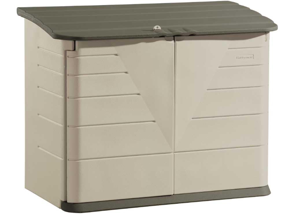 Photo 1 of ***used, slightly dirty and torn**Rubbermaid Large Horizontal Resin Outdoor Storage Shed With Floor (5 x 4 Ft) Weather Resistant, Beige/Brown, Organization for Home/Backyard/Pool Chemicals/Toys/Garden Tools/Porch/Patio Cushions