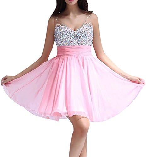 oppicong Women's Big Gemstone Bust Backless Knee Length Bridemaid Prom Dress Pink6