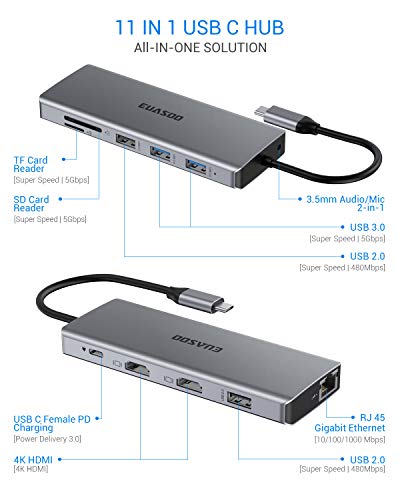 USB C HUB, EUASOO 11 in 1 Triple Display USB C Adapter Docking Station with 2 HDMI, 2 USB3.0, 2 USB2.0, 87W Pd 3.0, Ethernet, SD/TF Card Reader, Audio/Mic 2-in-1 Compatible for MacBook and Windows