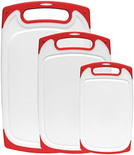Dutis 3-Piece Dishwasher Safe Plastic Cutting Board Set with Non-Slip Feet and Drip Juice Groove, White with Red