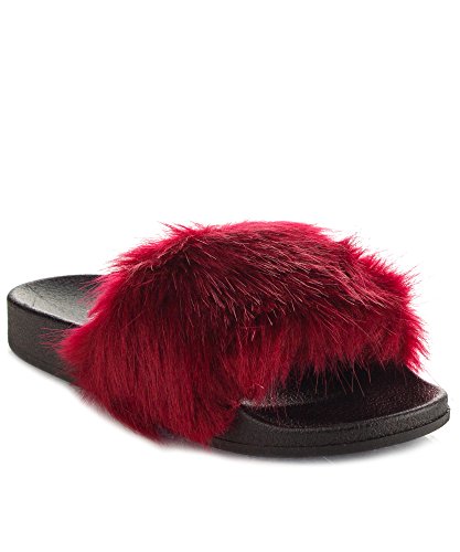 Cape Robbin Womens Faux Fur Open Toe Single Strap Slip On Sandals WINE (6)