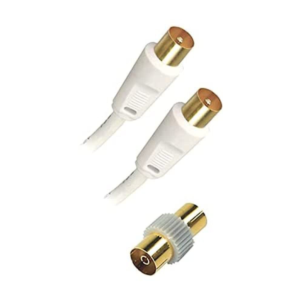 APM 408015 TV Cable Male/Male 9.52 mm - 5 m Coaxial TV Cable - Female Adapter Included - Connects TV to Wall or Decoder - White