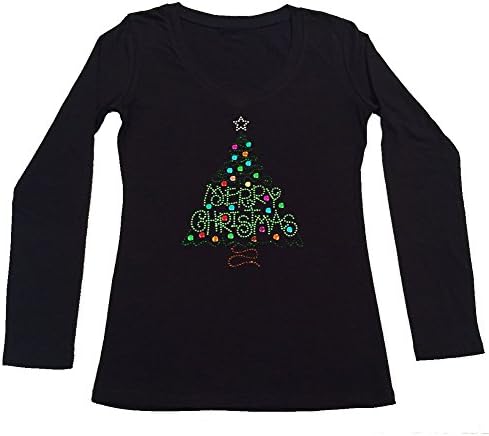 Womens T-shirt with Merry Christmas Green Tree in Rhinestones