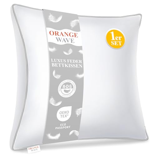 Orange Wave Pillow 80 x 80 cm Feather Pillow - 3-Chamber Down Pillow 80 x 80 cm, Pillow with Down and Feathers, Bed Pillow, RDS & Oeko-Tex, Double Combination of Softness and Support