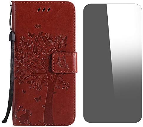 iPhone 8 Case, iPhone 7 Case, Conber Shockproof Leather Wallet Flip Case Cover + (Free Screen Protector), Vintage Emboss Tree and Cat Case for Apple iPhone 7/iPhone 8 - Coffee