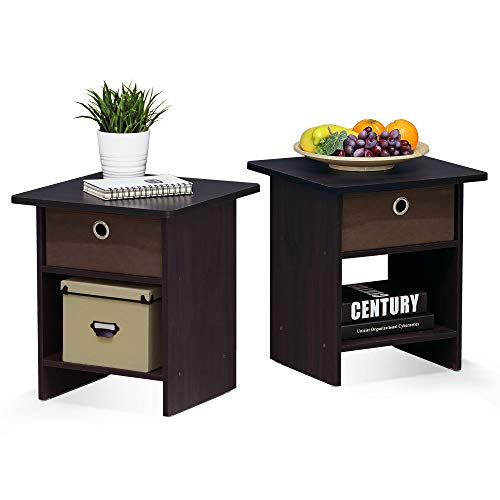 Furinno Dario End Table/Night Stand Storage Shelf with Bin Drawer, Dark Walnut, Set of 2