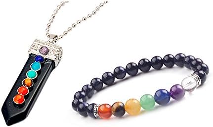 7 Chakra Stones Pendant Necklace Healing Point Fashion Pendant 60CM Bead Chain and 8MM Beaded Bracelet Set