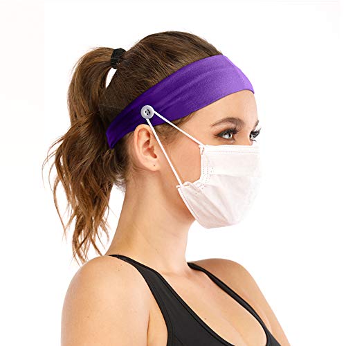 Headband with Buttons for måsk, Non Slip polyester Head Wrap for Yoga, Running, Sports, Style Hair Band Hair Hoop for Women, Men (Headband-Purple 5pcs)
