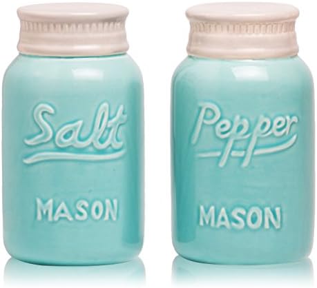 Decorative Salt and Pepper Shakers: Satisfy your Retro, Fun Country Style! Give Friends a Unique Gift of Rustic Home Décor! Cute & Chic Kitchen Accessories. Blue Vintage Ceramic Mason Jars Shaker Set