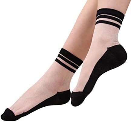Loverey 1Pair Womens Black Stripe Ultrathin Transparent Crystal Silk Elastic Socks, One size