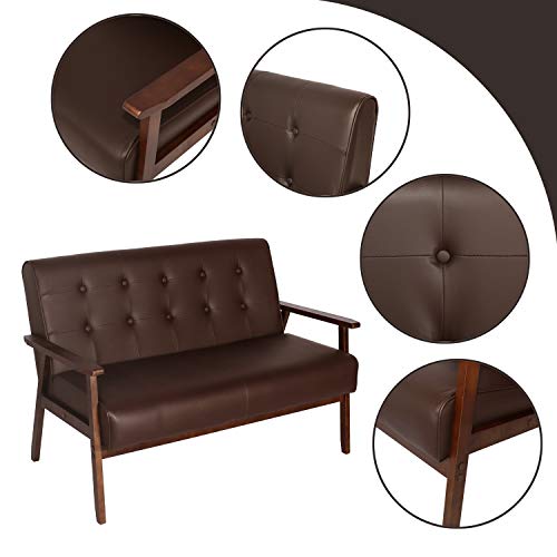 MidCentury Modern Faux Leather Solid Arm Loveseats Sofa Retro Armrest