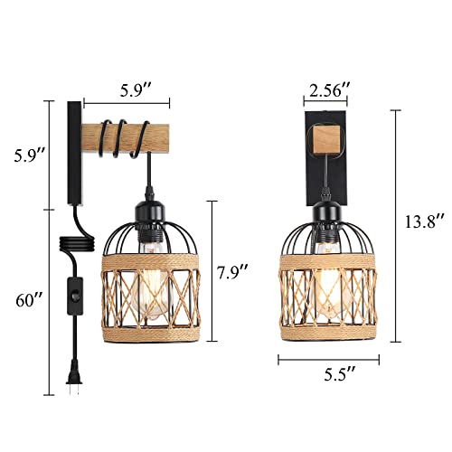 HOTRAN Plug in Wall Sconces Set of Two, Farmhouse Wall Lamps for Bedrooms Set of 2, Rustic Wall Mounted Lights for Bedside, Living Room, Sconces Wall Lighting Fixtures with 60inch On/Off Switch Cord