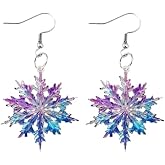 Blue Purple Snowflake Acrylic Dangling Hook Christmas Earrings for Women Lightweight Statement Ice Flower Dangle Drop Earring Winter Xmas Party Festival Jewelry Gift Accessories