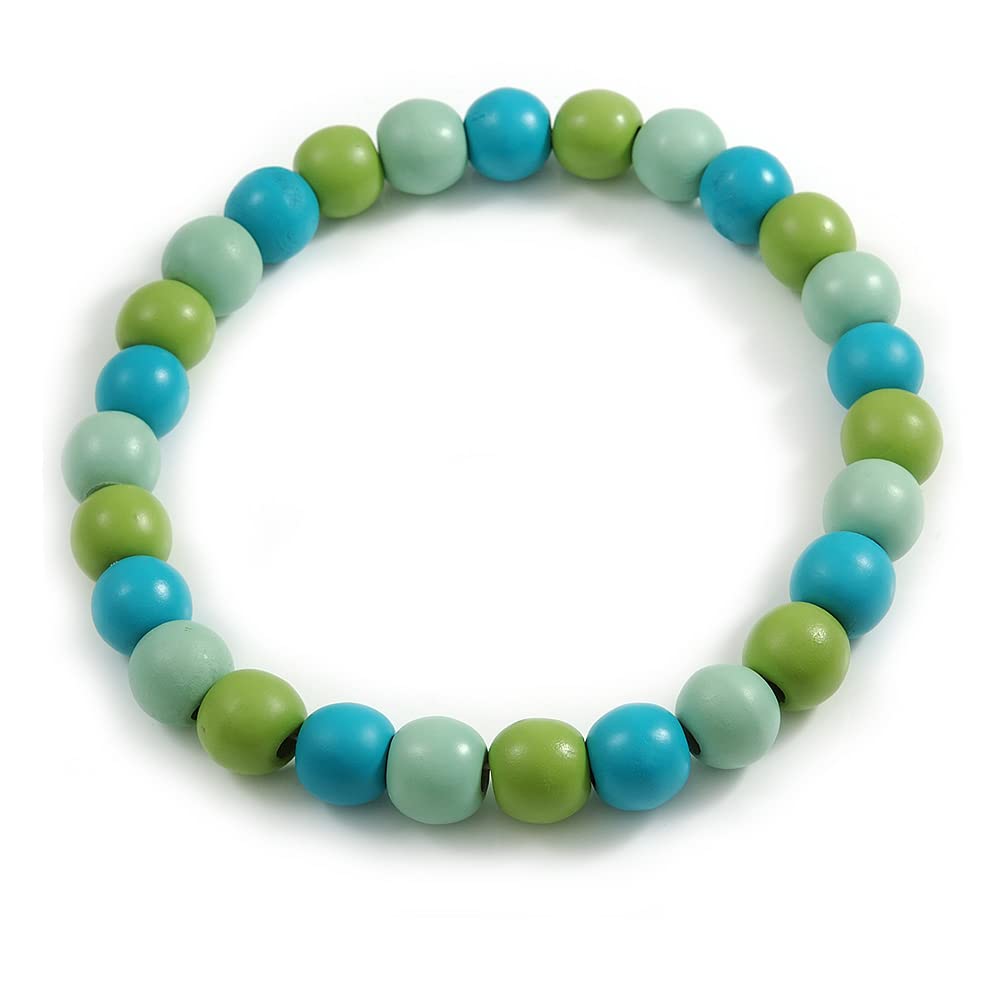 Avalaya Chunky Mint/Turquoise/Lime Green Round Bead Wood Flex Necklace - 48cm Long