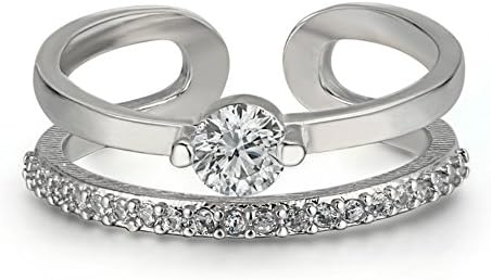 Round Cut Solitaire Cubic Zirconia Pave Filigree Double Bar Open Adjustable Stack Ring