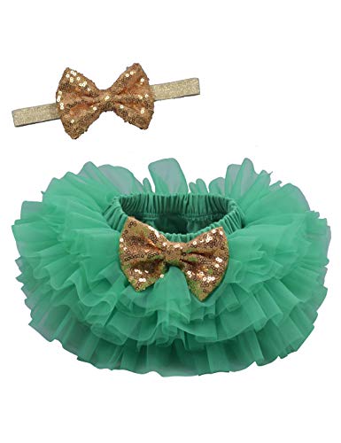 Baby Girls Ruffle Bottom Tutu Bloomers Toddler Tulle Diaper Cover Bloomer and Headband Set Green 6-12 Months