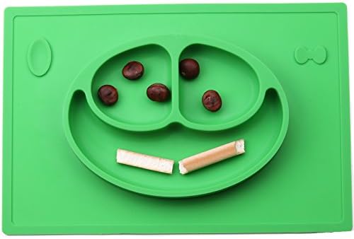 BPA Free Non Slip Children Silicone Placemats with 3 Compartment Plate for Restaurant (GREEN)