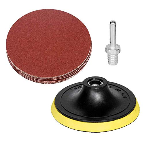 HIFROM 5-Inch/125mm Hook and Loop Backing Pad M14 Drill Adapter,50 Pieces NO-Hole 80 Grit Sandpaper Assortment for Random Orbital Sander Grinder Pads