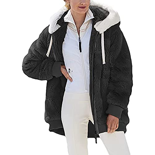 YBEBEWE Ladies Coats Teddy Fleece Oversized Jackets with Pockets Full Zip Stylish Long Sleeve Sweatshirt Autumn Winter Warm Coats Ladies Casual Jumper Sweaters Outerwear for Hiking Walking