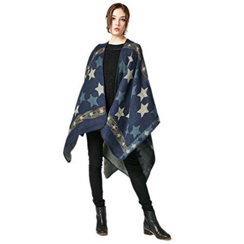 Jelinda Women Blanket Shawl Wrap Open Poncho Cape Winter Large Warm Star Scarf (navy)