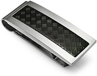 Stainless Steel Money Clip, Silver Tone With Black Accent Pattered Inlay Sping Loaded Accesory for Men