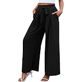 Women's High Waist Wide Leg Long Palazzo Pants Front Knot Tie Elastic Trousers with Pockets Lounge Business Work Pants
