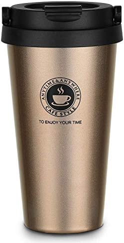 Insulated Vacuum Coffee Travel Mug, Double Walled Stainless Steel Coffee Flask, Leakproof & Food Grade Water Bottles for Hot and Cold Drinks (Brown, Style 1)