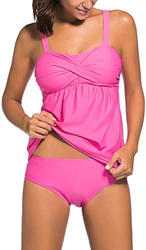 Snowyee Womens Cute Camisole Top Bikini Briefs Sets Swimwear Bathing Suits Tankini Plus Size(Rose L)