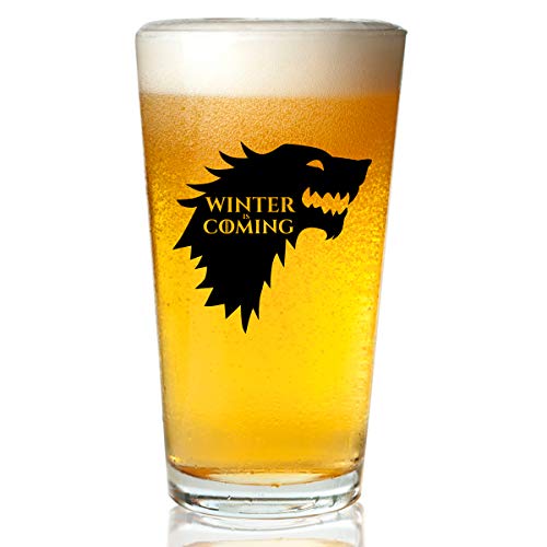 Game of Thrones Inspired Beer Glass (16 oz)- Stark Royal House of Westeros with Sigil & Motto Winter is Coming- Gift for Dad, Men, Friends, Him or GOT Fan- Made in USA- Fun GOT Watch Party Supplies
