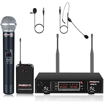 UHF Wireless Microphone System, Phenyx Pro Dual Cordless Mic Set with Handheld/Bodypack/Headset/Lapel, All Metal, 2x200 CHs, Long Coverage 250ft, Ideal for DJ, Church, Events (PTU-71B)