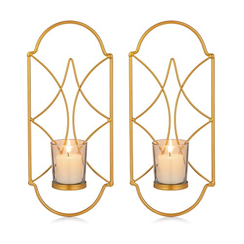 Sziqiqi Metal Wall Candle Sconce Decor - Set of 2 Wall-Mounted Candle Holders with Glass - Home Wall Art for Living Room, Fireplace, Yard or Pathway - Gold
