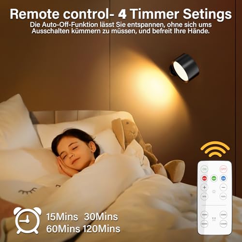 Wandleuchte Ohne Stromanschluss, Akku Wandleuchte mit Fernbedienung 10 Helligkeitsstufen & 3 Farbmodi, LED Wandleuchte Kabellos 360° Drehbar, Akku Wandleuchte Innen Magnetisch,USB Wandlampe 2 Stück