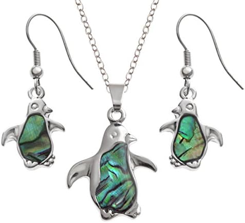 Kiara JewelleryPenguin Boxed Set of Pendant Inlaid With Natural greenish blue Paua Abalone Shell on 18" Trace Chain Together With Matching Hypoallergenic Rhodium plated Earrings.