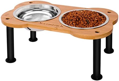 Elevated Dog Bowls,Unique Bone Shape Bamboo Raised Pet Bowls&Cats Dogs Food and Water Stand Pet Feeder with 2 304 Stainless Steel Bowls,Perfect for Pets Puppy Medium Dogs Cats(Patent Pending)