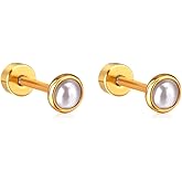 18G Pearl Screw Back Small Stud Earrings for Women Minimalist 14K Gold Plated Surgical Steel Cartilage Tragus Piercing Sleeper Studs Hypoallergenic for Sensitive Ears Valentine's Day Birthday Gift