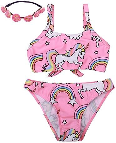 Little Girls 3pcs Bikini Swimsuit Unicorn Lovely Cartoon Beach Swimwear Swimpool Bathing Suit Swim for 4-9 Years(Pink)