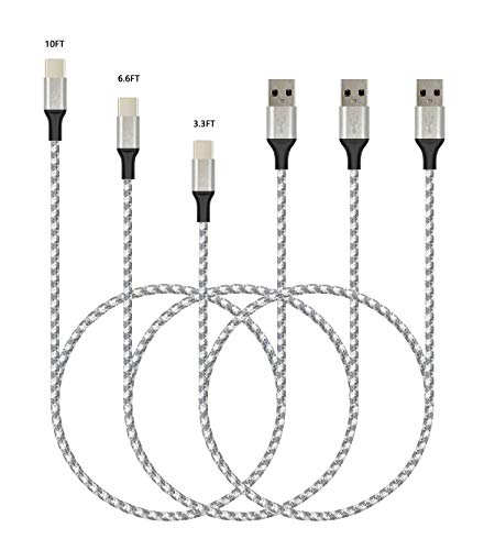 USB Type C Cable 3Pack 3.3ft 6.6ft 10ft Yocihi Type C to USB A Charging Cable Super Speed Nylon Braided USB C Cable Compatible with Galaxy S9/S9+/S8/S8+/More Smartphone and Tablets Silver