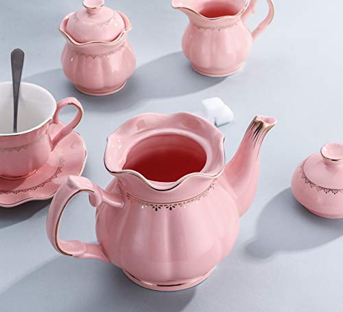 22-Piece Porcelain Ceramic Tea Gift Set with Metal Holder, Coffee Service Set with Cups, Saucers, Teapot, Sugar Bowl, Creamer and Teaspoons.