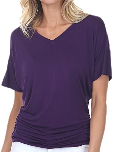 coul J WT211 Women's Dolman Style Short Sleeve V-Neck Side Shirring Drape Oversized Loose Fit Tunic Top - Eggplant/ Size: XX-Large