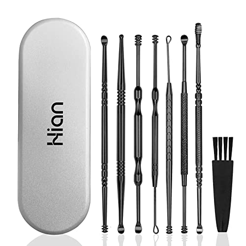 Hion 8 Pcs Ear Wax Removal Kit,Professional Double-Headed Ear Pick Earwax Removal Tools,316L Stainless Steel Ear Cleaner Curette with Cleaning Brush and Storage Box,Suit for Kid Adult(Black)