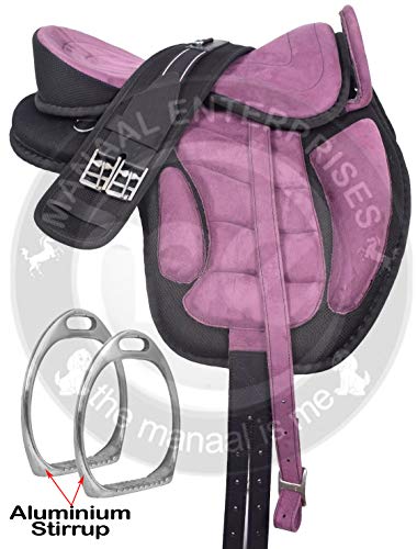 Manaal Enterprises Youth Child Synthetic Treeless FREEMAX English Horse Saddle + Girth, Leather Straps, Aluminium Stirrup, Nylon Rope Halter, Size 10″ to 12 Inch Seat (12″ Inches Seat, Black/Purple)