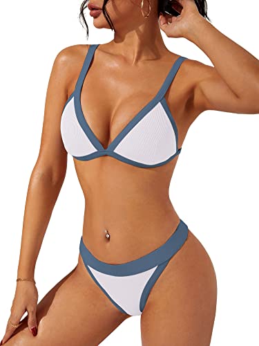swimall Costume da Bagno da Donna a Costine a Due Pezzi con Triangolo Carino Sexy sfacciato Perizoma Costume da Bagno, Bianco, M
