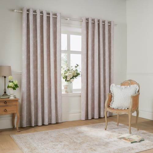 furn. Wylder Bella Eyelet Curtain Pair – 100% Cotton Natural Botanical Floral Lined Drapes (Natural - 229x229cm)