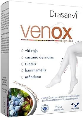 VENOX Ayuda a mejorar la Circulación, Hammamelis, Castaño de InDias y Ruscus, Alta Concentración de Polifenoles, Vid Roja, Arándanos y Grosellero Negro, Reforzado con Vitaminas ,45 cáps