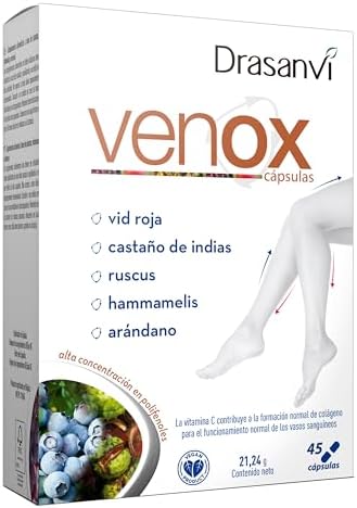 VENOX Ayuda a mejorar la Circulación, Hammamelis, Castaño de InDias y Ruscus, Alta Concentración de Polifenoles, Vid Roja, Arándanos y Grosellero Negro, Reforzado con Vitaminas ,45 cáps