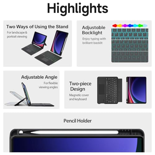 iXTRA Detachable Keyboard Case with Trackpad for Galaxy Tab S9 / S9 FE / S10 FE / S10 Lite 10.9"/11", Magnetic Galaxy Tab S9 Keyboard Case with Backlight, Adjustable Stand, Pencil Holder