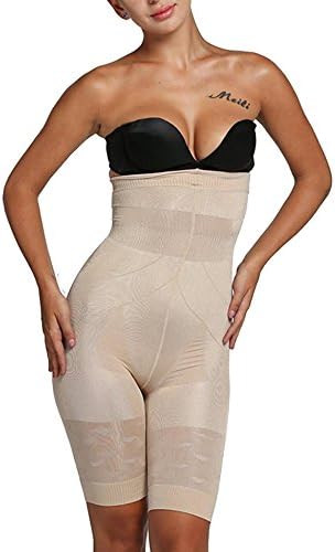Nessere Women High Waist Tummy & Thigh Slimming Body Shaper Fat Burning Hip Lift Pants (Apricot, M)