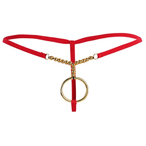 FEESHOW Men's C Strap G String Thongs Underwear with Mental O Rings (Red Gold)